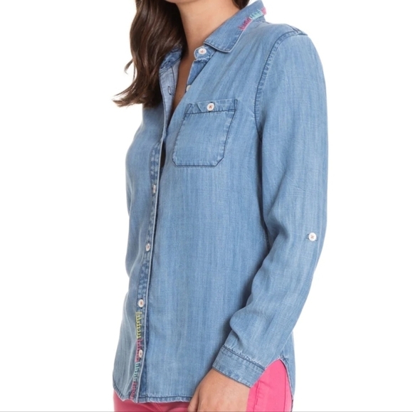 APNY Chambray Tencel Button-Up Shirt With Hand Embroidery L - Picture 2 of 11